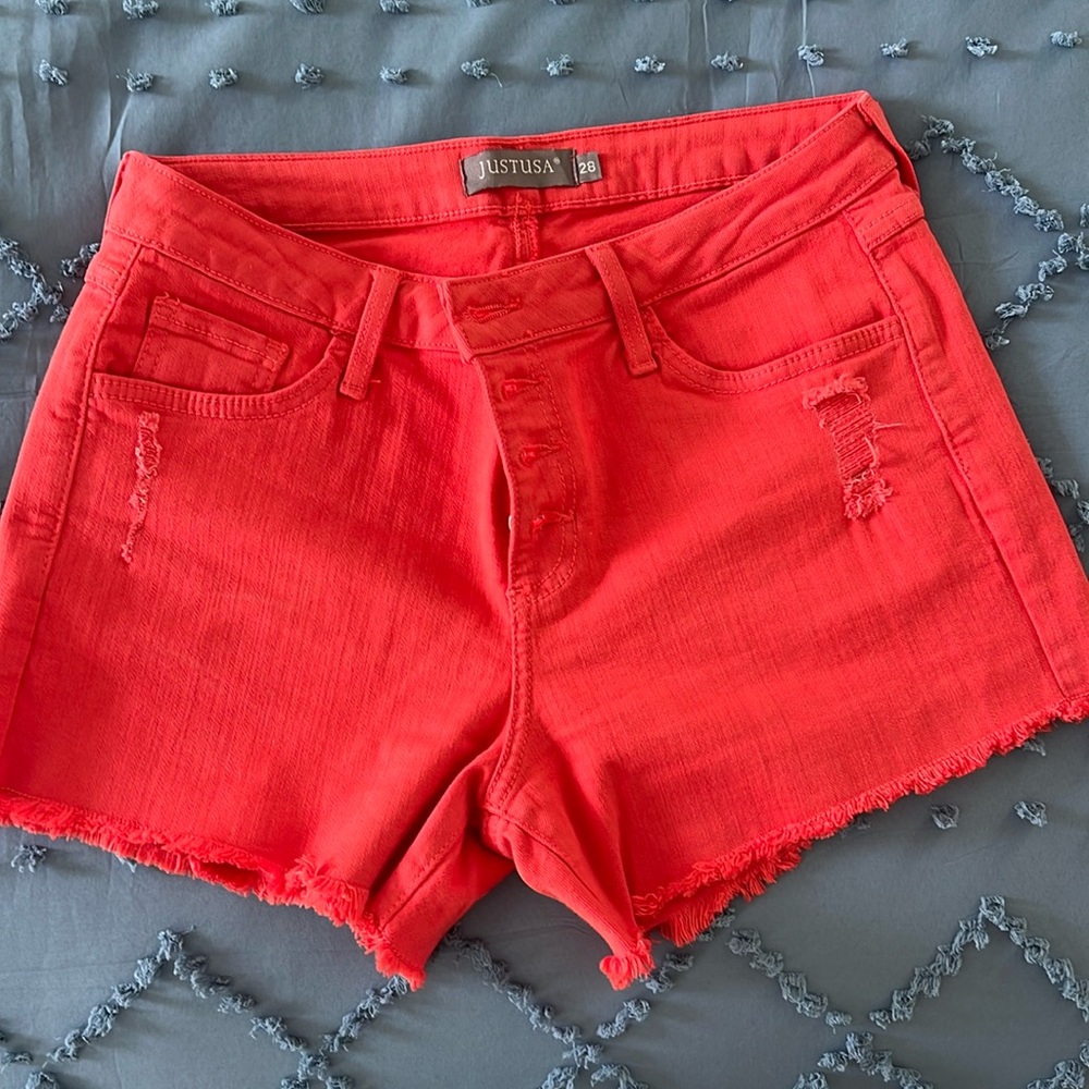 Red 3 inch inseam raw hem shorts like new. Stretchy for great fit!